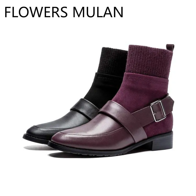 

Patchwork Leather Stretch Fabric Sock Boots For Women Round Toe Chunky Heel Winter Shoes For Girl With Belt Bucke Shoes Woman