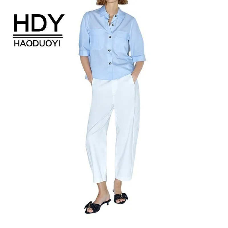 

HDY Haoduoyi 2019 New Breaf Office Lady Solid Summer Spring Tops Button Pockets Half Sleeve Crowl Neck Fashion Women Shirt
