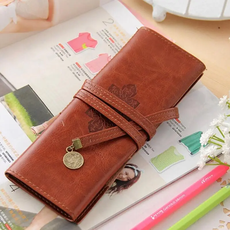 Vintage Retro Pencil Cases Luxury Roll Leather PU Pen Bag Pouch For