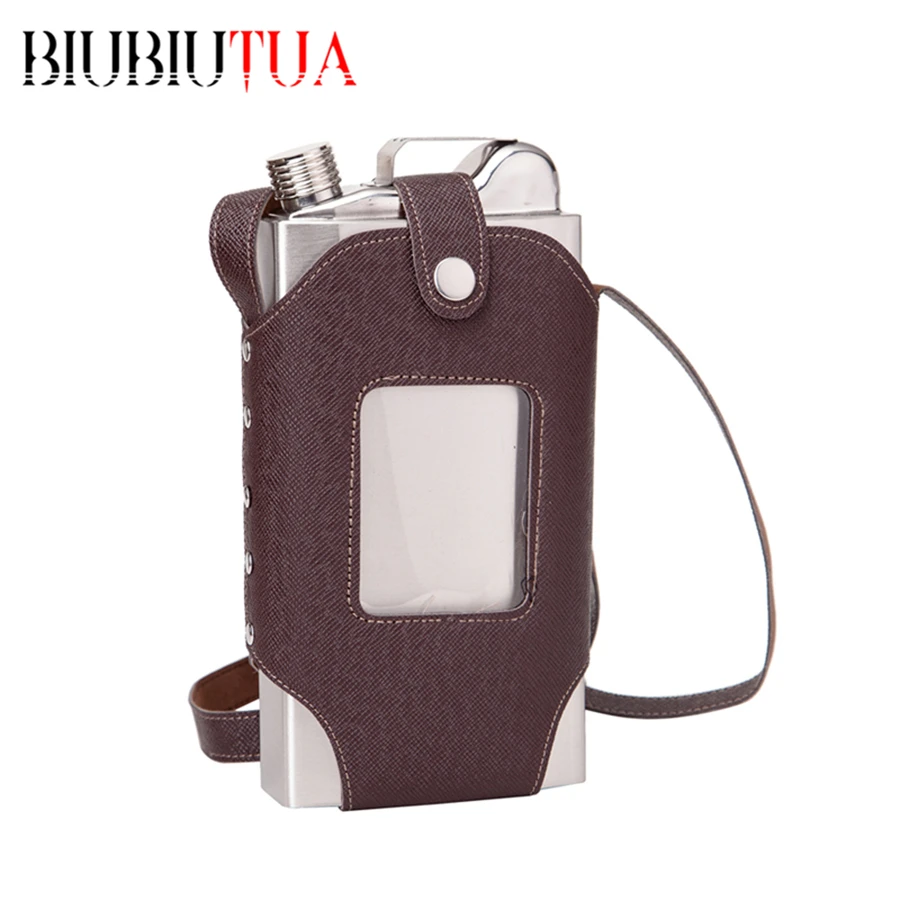 BIUBIUTUA Big Capacity 35 OZ Stainless Steel Whiskey Flasks Removable Brown Transparent Holster Buckle Hip Flask