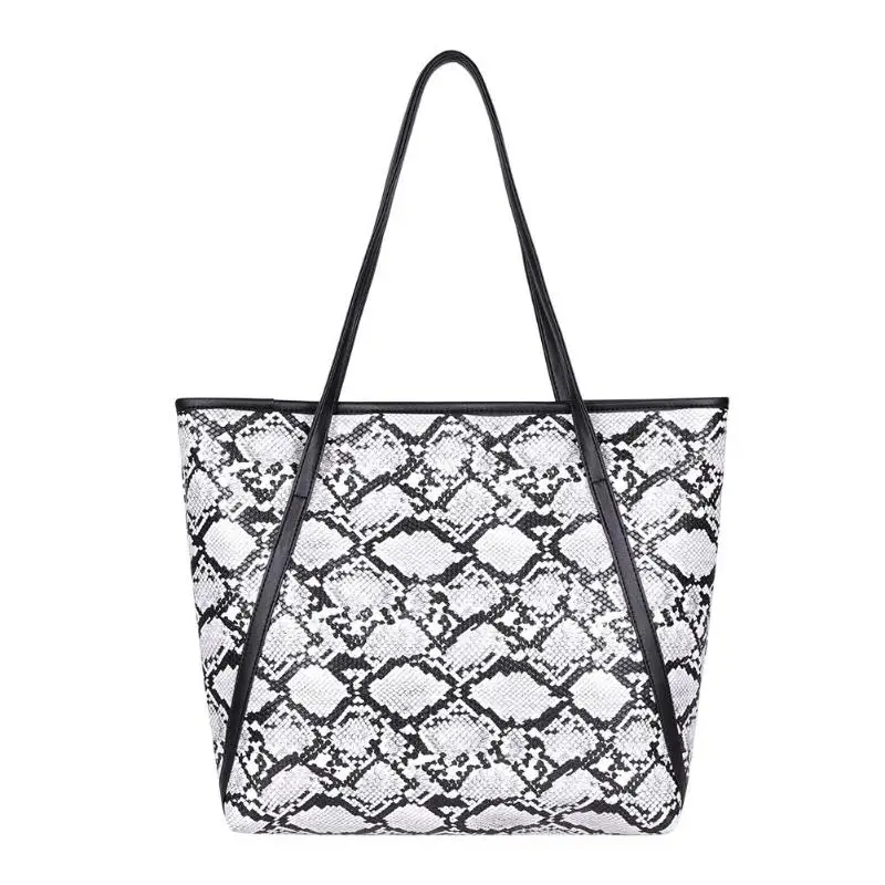 Ladies Fashion Female Big Snake Print Shoulder Handbags Women Large Capacity Top-handle Bags Casual Shopping PU Leather Totes - Цвет: Белый