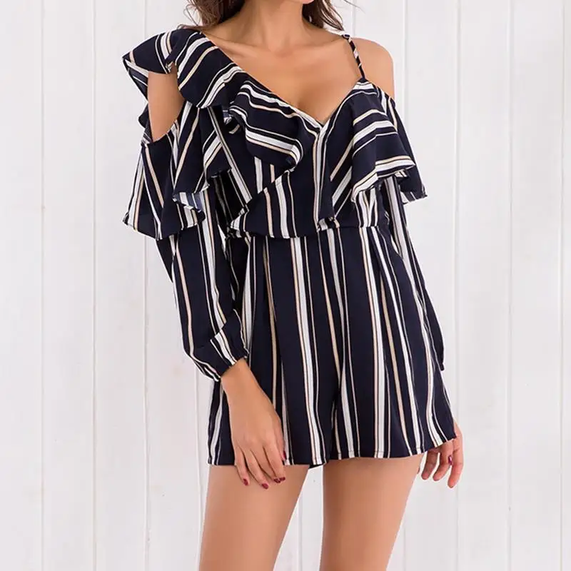 Women Jumpsuits retro stripped short romper 2018 Summer new v neck