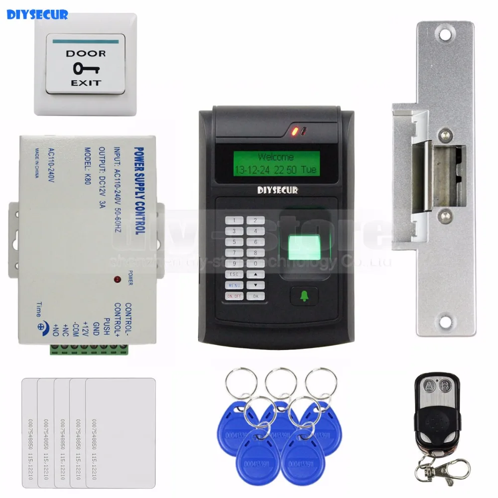 

DIYSECUR Remote Control 125KHz RFID LCD Fingerprint Keypad ID Card Reader Access Control System Kit + Electric Strike Lock