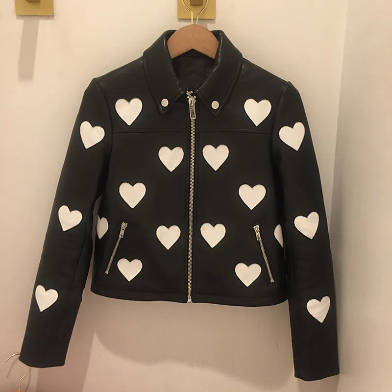 

Women's Brand new design love-hearts leather jackets 2019 spring autumn real leather jackets Chic sheepskin biker jackets A384