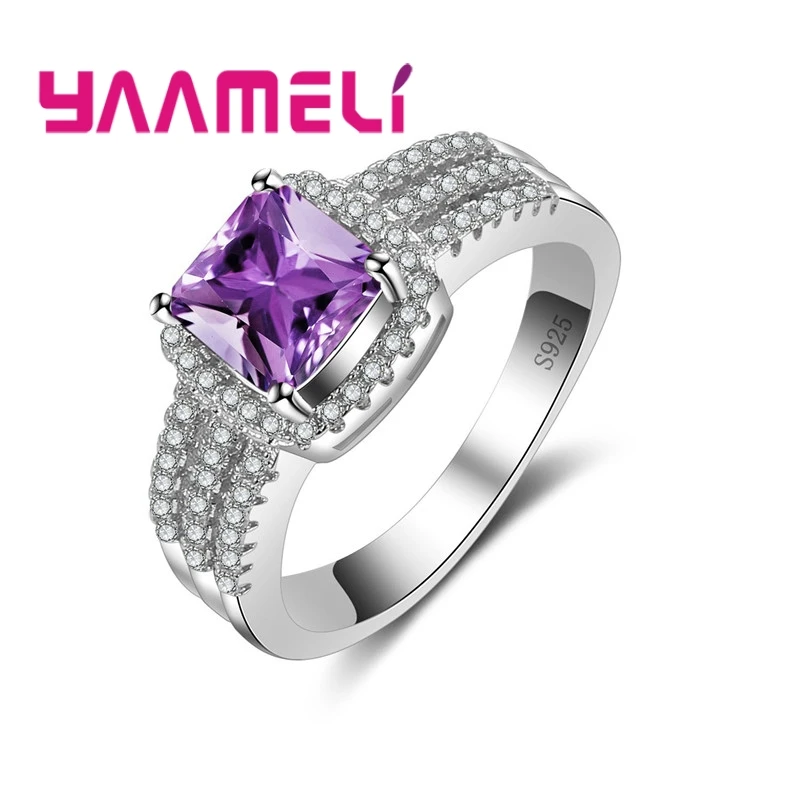 PURPLE Новое поступление, женское модное квадратное кольцо с кубическим цирконием, 925 пробы, серебряные кольца с кристаллами, лучшие подарки на день матери - Цвет основного камня: PURPLE