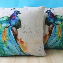 Акварель «Павлин» Печать Подушка из льняного полотна птицы Подушка 45*45 см декоративная наволочка 2 шт./лот
