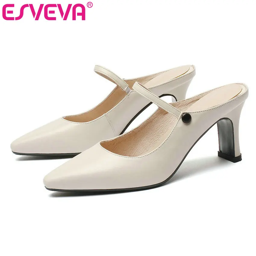 

ESVEVA 2019 Women Shoes Cow Leather +PU Square High Heel Pointed Toe Slingback Elegant Ladies Pumps Elegant Summer Size 34-40