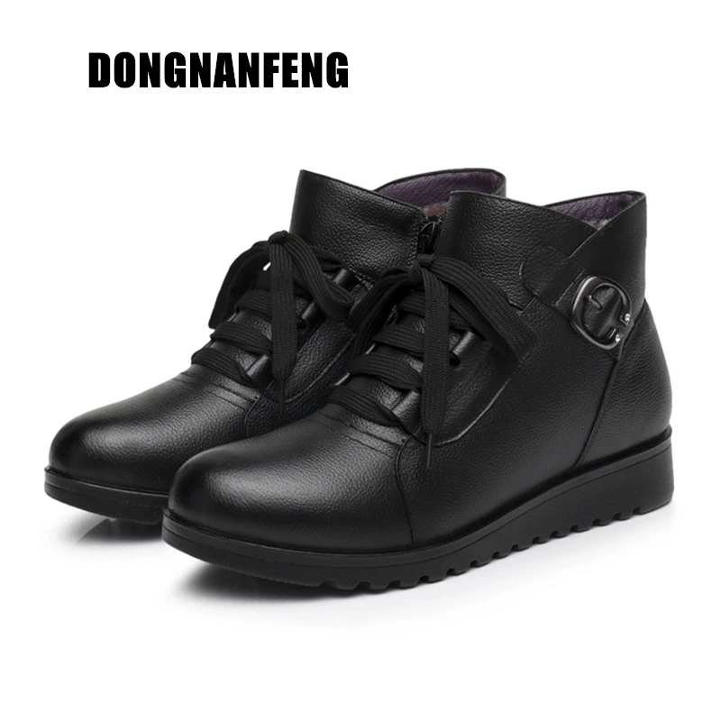 

DONGNANFENG Women Mother Ladies Female Shoes Boots Cow Genuine Leather Plush Fur Winter Lace Up Warm Non Slip 35-42 JN-55582