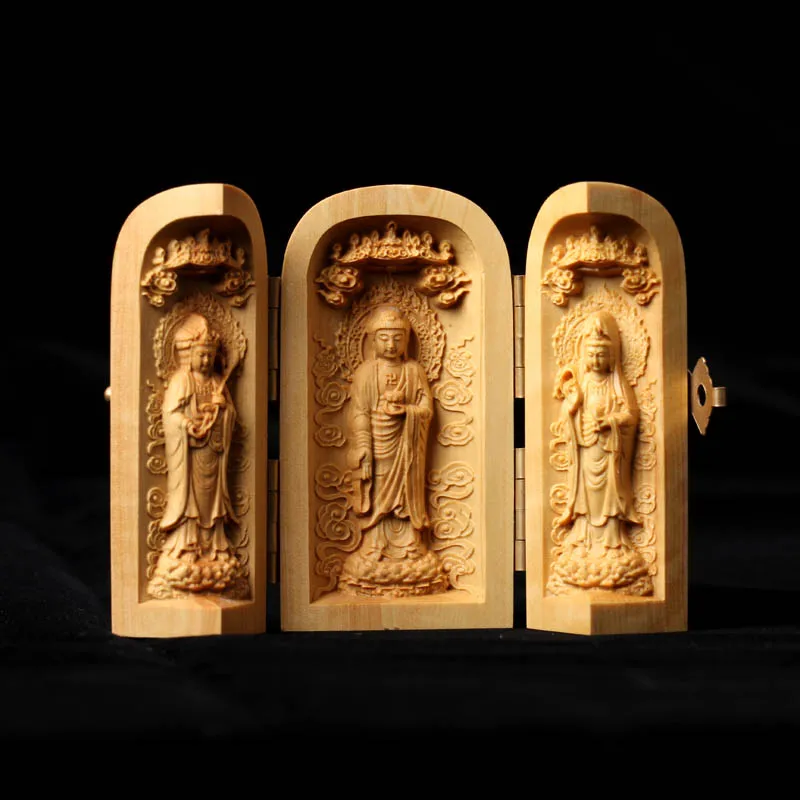 3 шт., Три изогнутые статуэтки Будды, буддистская статуя Бодхисаттва, открытая коробка, ручная работа, резьба по дереву, буддистское украшение