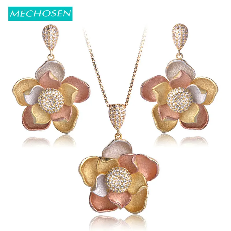

MECHOSEN 3 Layers Flower Shape Difficult Craft Jewelry Sets Necklace Earrings 3 tones Women Gorgeous Banquet Accessories