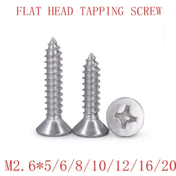 

M2.6, 100PCS DIN7982 304 Stainless Steel Screws M2.6*4-16mm Cross Recessed Flat Head Countersunk Self-tapping Wood Screws