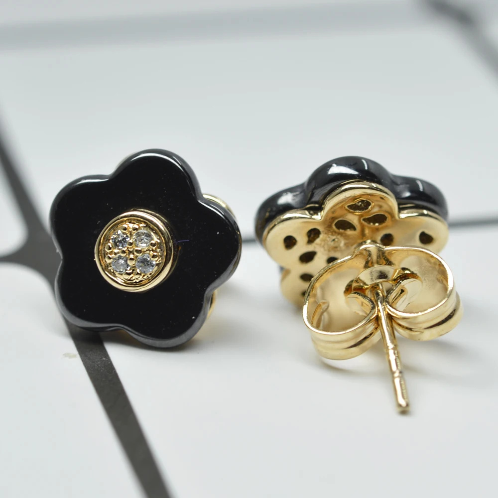 Soul Men Black Petal Ceramic Stud Earrings AAA CZ Stone Women Gold