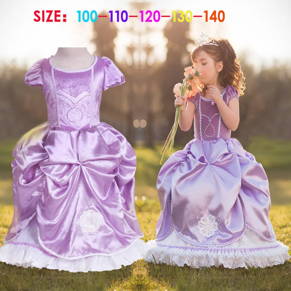 Мода высокого качества хлопка подкладка день рождения платье для девочек принцесса софия костюмы для детей