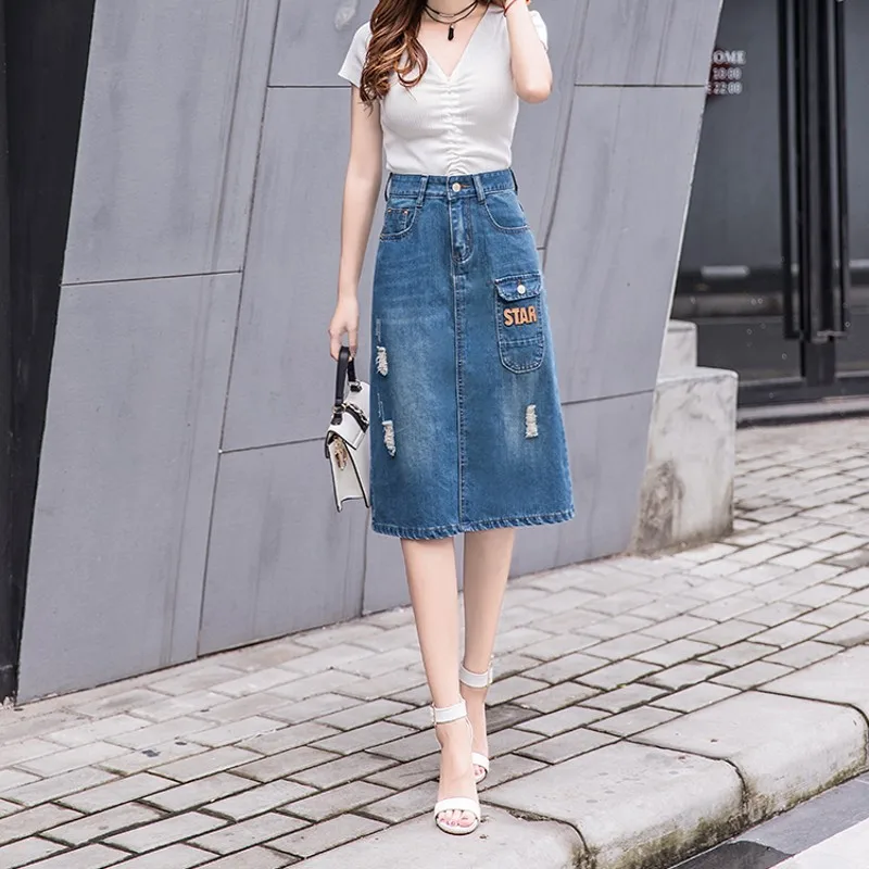 light blue Модные новые Брендовые женские джинсовые юбки с высокой талией рваные до колена повседневные уличные женские трапециевидные юбки большие размеры, S-3XL - Color: light blue