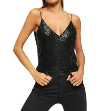 Женские сексуальные майки с v-образным вырезом и блестками, топы без рукавов с открытой спиной, рубашки на тонких бретелях, однотонные Женские повседневные шикарные топы#521