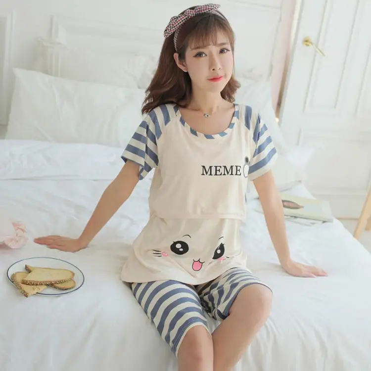 Pregnancy Sleepwear Maternity Clothes Women Nightgown Mother Breastfeeding Short Pyjamas Mommy Summer Cartoon Nightwear | Мать и ребенок