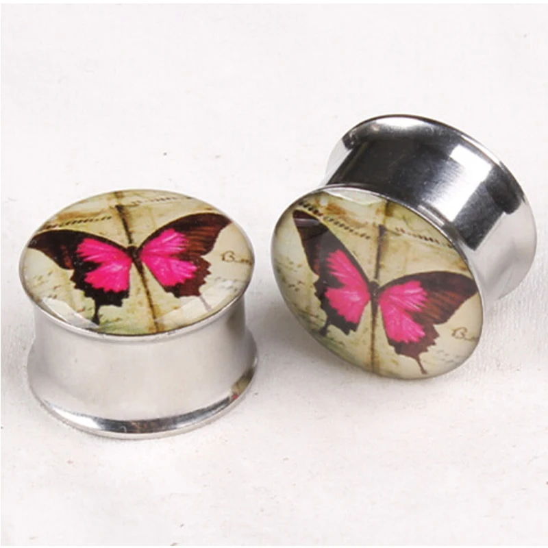 1pcs Pink Butterfly Stainless Steel Ear Plugs 2015 New Cylindrical Pulley Screw Fit Gauges Flesh Tunnel Expander Body Jewelry | Украшения и