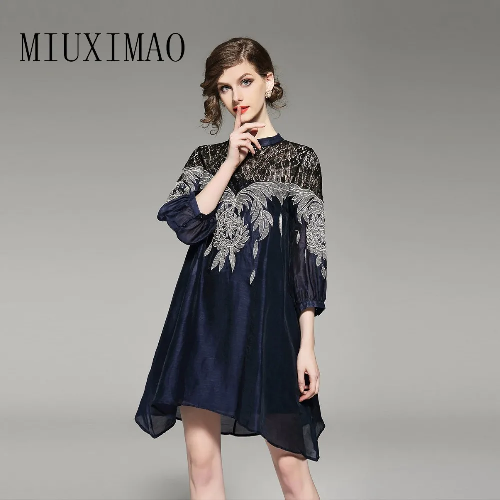 

2018 Spring & Summer Fashion Casual A-Line O-Neck Three Quarter Sleeve Embroidery Print Elegant Above Knee Dress Women