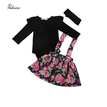 Детская одежда с цветочным рисунком для маленьких девочек; комплект из 3 предметов; черный гофрированная Роба; комбинезон с цветочным принтом; юбка; комбинезон; одежда принцессы для торжеств
