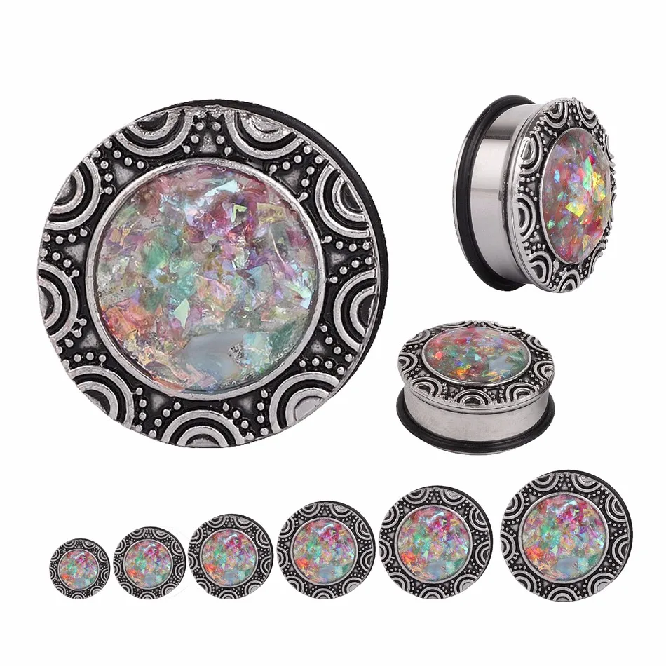 2PCS Steel Ear Plugs Tunnels Gauges Fake Opal Stone Piercing Earring