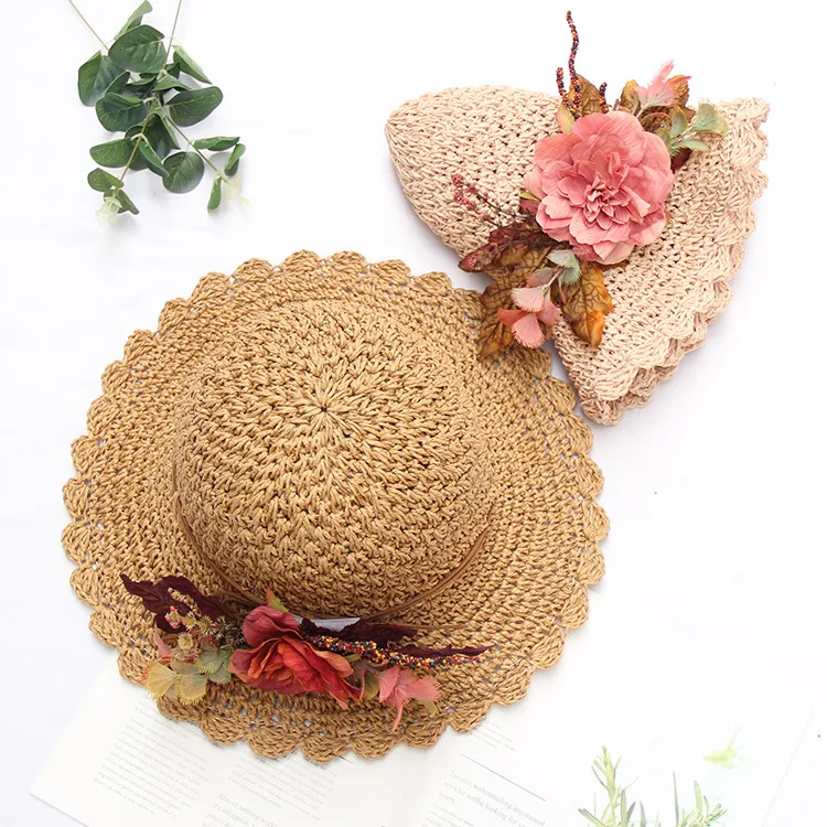 

Korean version of sun hat handmade crochet Straw Hat Lady summer hollow sunshade hat foldable sunscreen Beach Hat