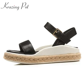 

Krazing pot full grain leather rock punk lazy style handmade straw soles med heels pregnant thick bottom streetwear sandals L55