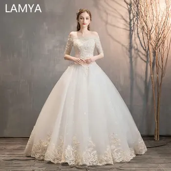 

LAMYA High Quality Three Quarter Ball Gown Wedding Dress Boat Neck Lace Appliques Bridal Gown Princess Elegant Vestido De Noiva