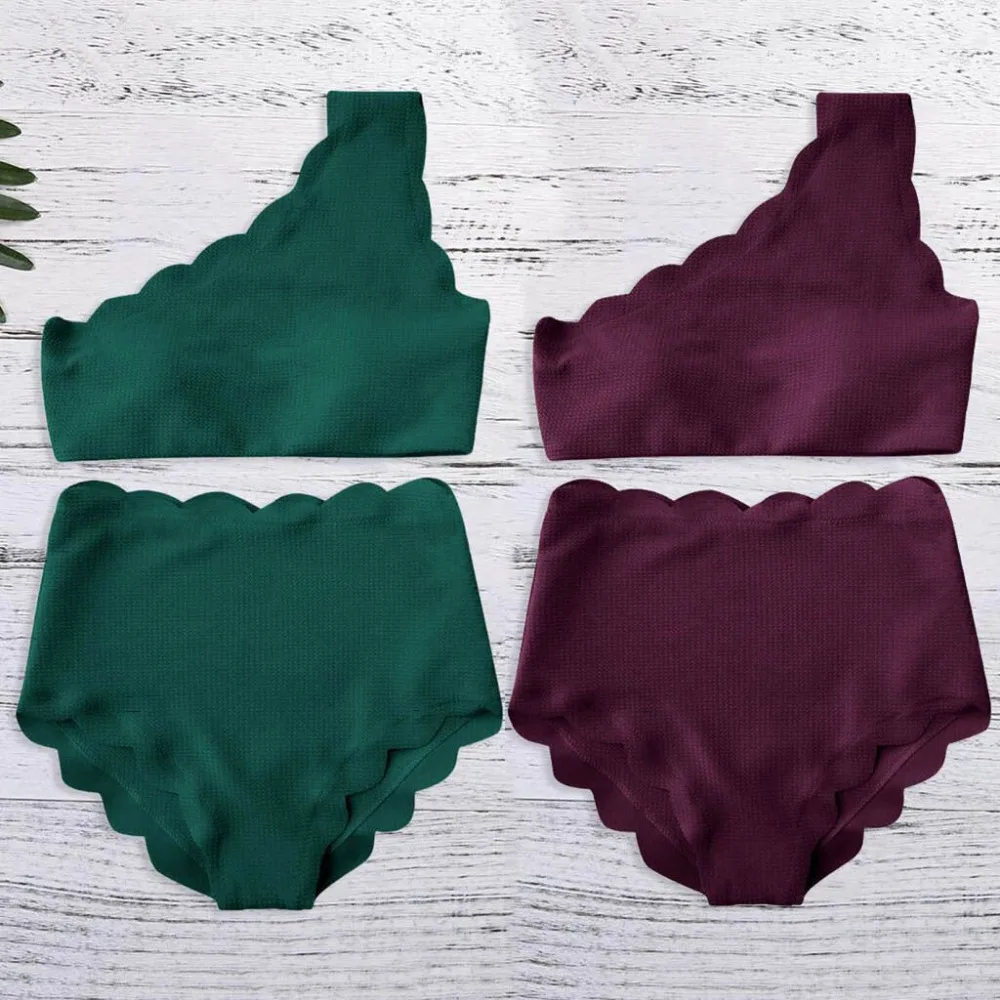 

Exquisite Swimwears Lady Vintage High Waisted Swimsuit Scalloped Trim One Shoulder Bikini Beautiful Women's Swimsuits Biquini