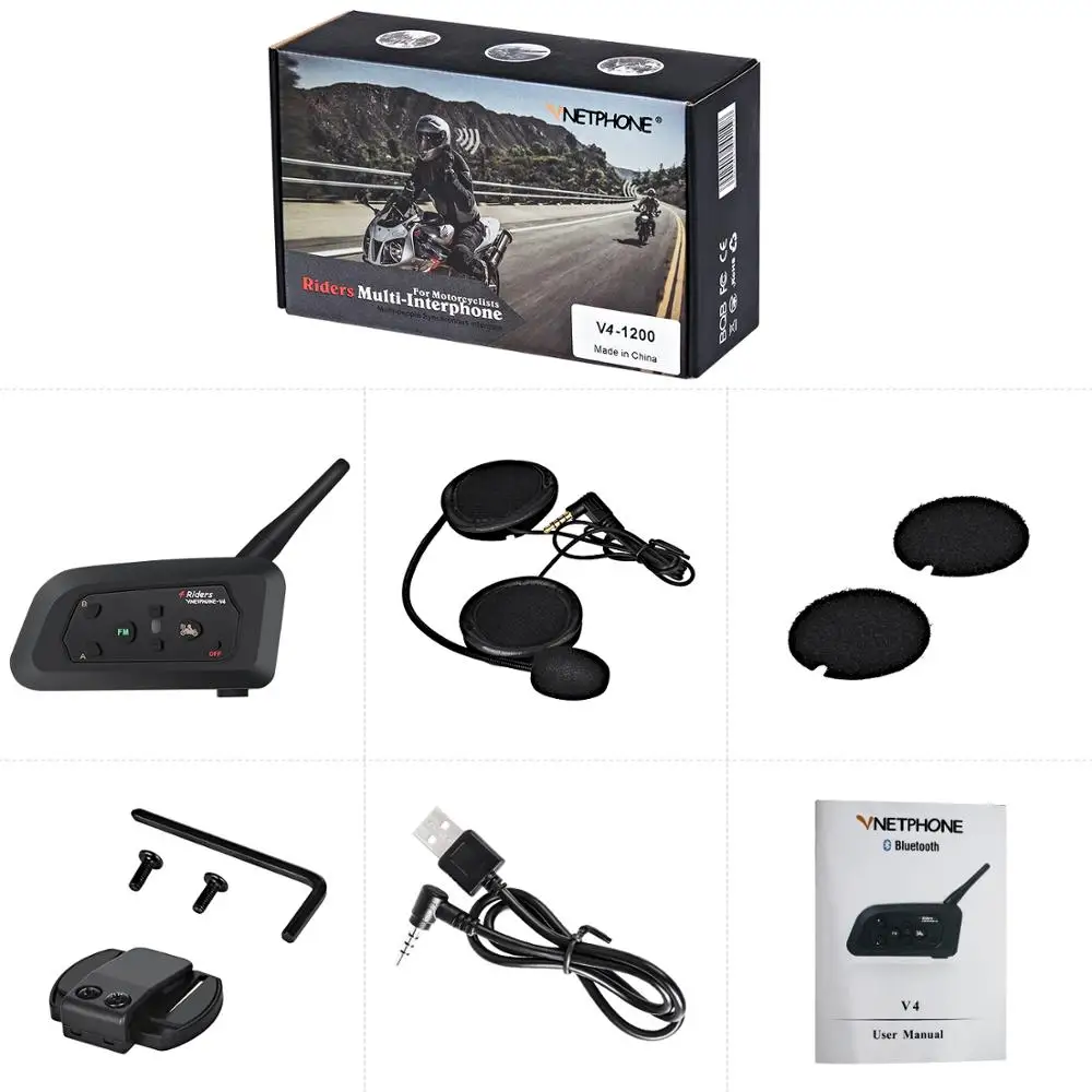 

World Evolution V4 Intercom Noise Reduction Wireless BT 4.1 Full Duplex Communication Helmet Headset Gear for 4 Riders GPX VOX