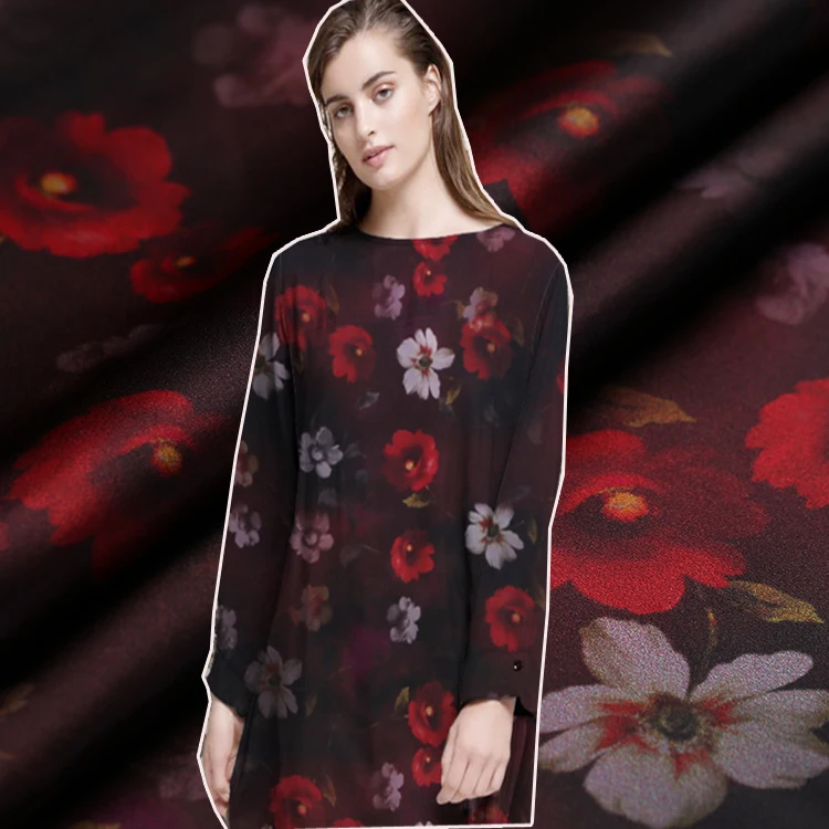 

2017 New 108cm wide 19mm silk stretch satin silky yarn digital inkjet flower Ming Liu dark heavy silk dress