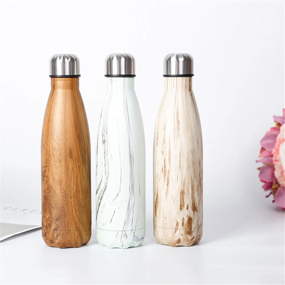 Wooden Texture Printed Thermos BPA Free Water Bottle Stainless Steel Vacuum Flask Insulated Drink Bottle Outdoors Cup