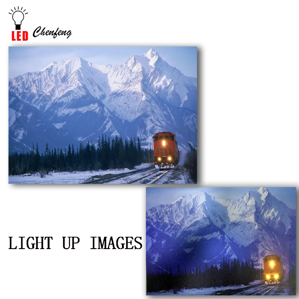 

Lighted canvas print Mountain Railroad with train in winter oil painting Christmas Canvas Wall Art home decor new year gift