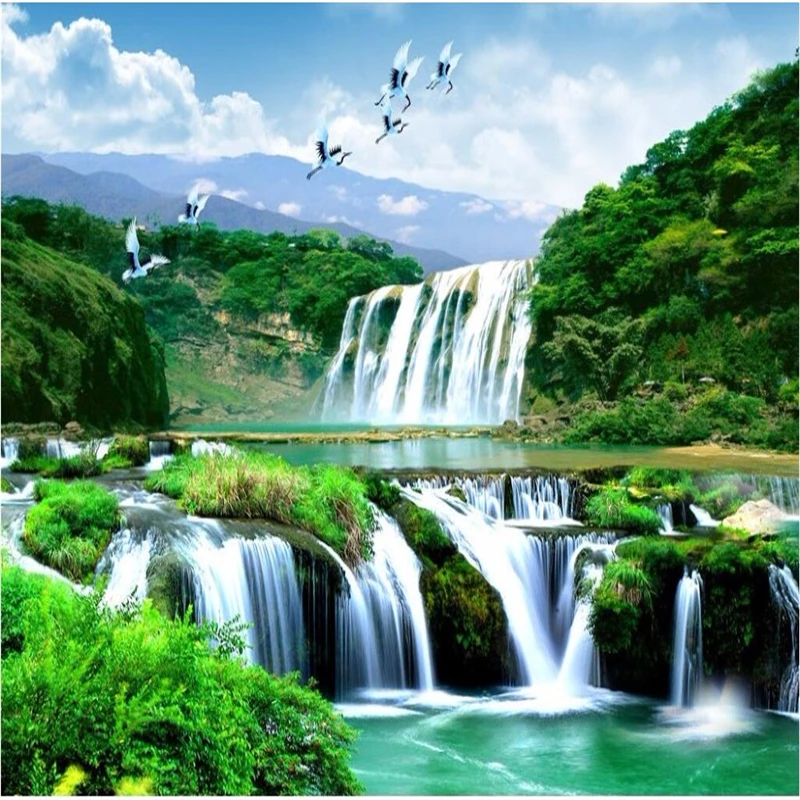 Custom Waterfall Mural para Decoração de Casa Paisagem Natural Floresta Pintura a Água Fluindo Material Autoadesivo Papel de Parede 3d
