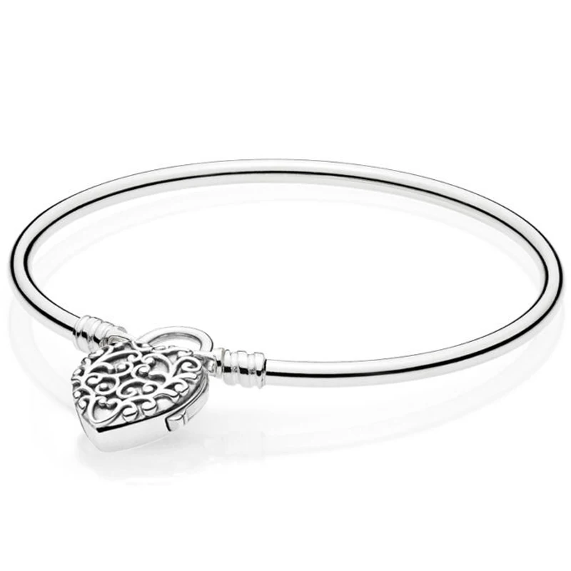 

925 Sterling Silver Bangle Vinage Moments Regal Heart Padlock Clasp Smooth Bracelet Bangle Fit Bead Charm Diy Fine Jewelry