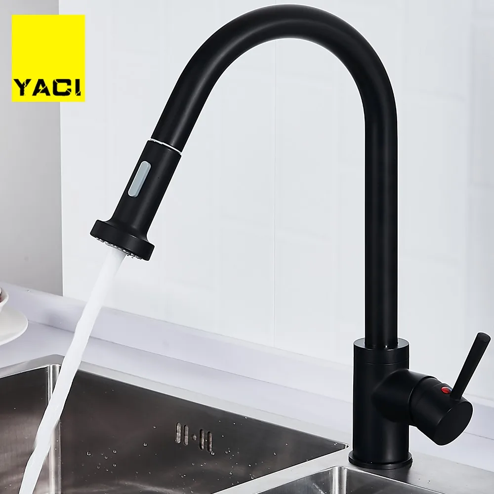 

YACI Pull out kitchen faucet single handle hot and cold water outlet chrome deck installed with 360 degree rotating kitchen