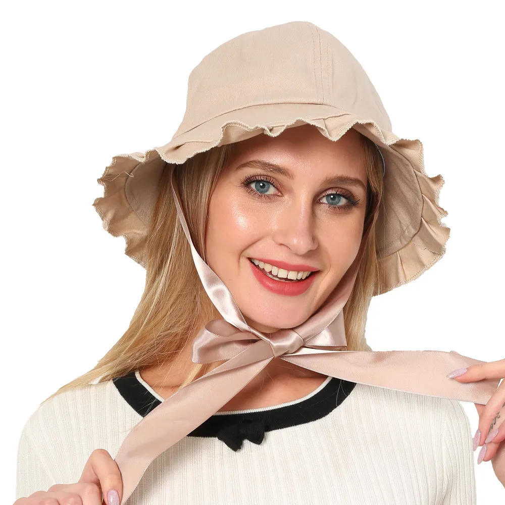 2019 Woman summer sunscreen pretty beach hat bow tie basin sexy beach hat cotton foldable seaside sportsbeach hat girl 40J5 (1)