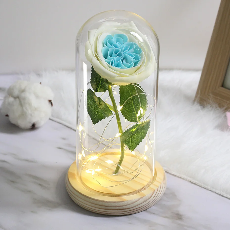 LED Soap Flower Rose Flower In Glass Dome Christmas Gifts Artificial Flower Valentine's Day Wedding Party Home Decor Fake Flower