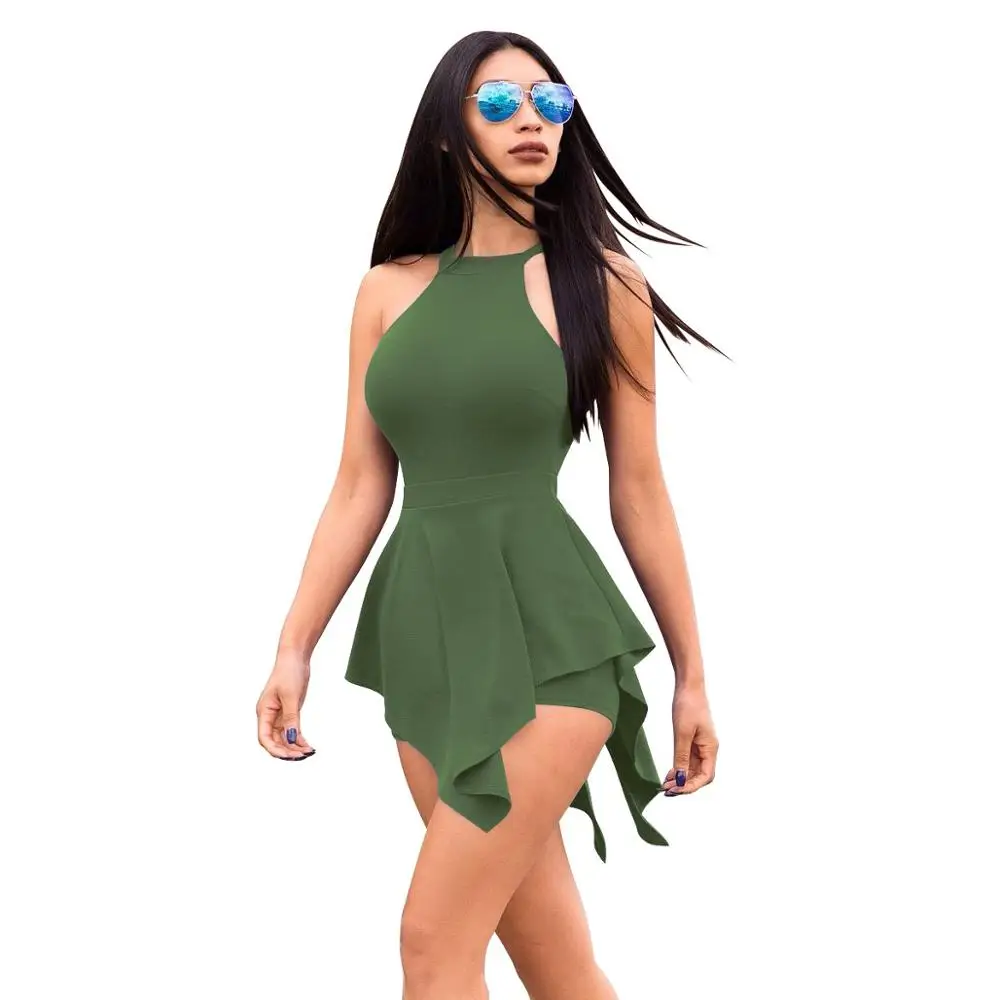 Армейский зеленый Асимметричный без рукавов Холтер плиссированный короткий комбинезон летний вырез на молнии сзади цельный комплект с шортами Женское боди - Цвет: Армейский зеленый