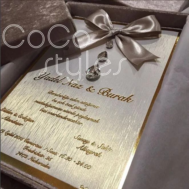  Cocostyles custom luxury velvet foiling boxed invitation card with crystal and ribbon or lace bows  - 32865029973