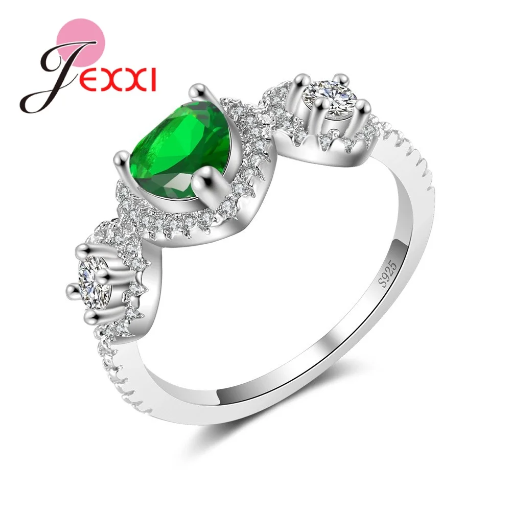 

925 Sterling Silver Smooth Circle Rings Women Shinning Heart Shaped Green Cubic Zirconia Stone Wedding Ring Drop Shipping