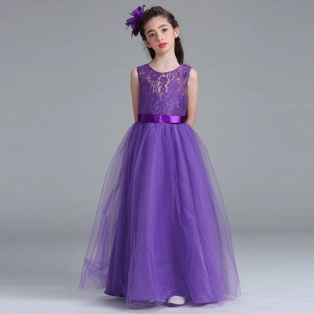

children dresses european and american style soild bow mesh kids girl dress o-neck sleeveless girls dress 6 8 10 12 14 16 years