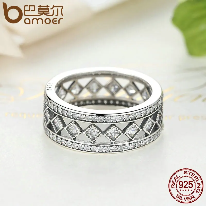 BAMOER Hot Sale 925 Sterling Silver Square Vintage Fascination, Clear CZ Big Ring For Women Luxury Fashion Jewelry S925 PA7601
