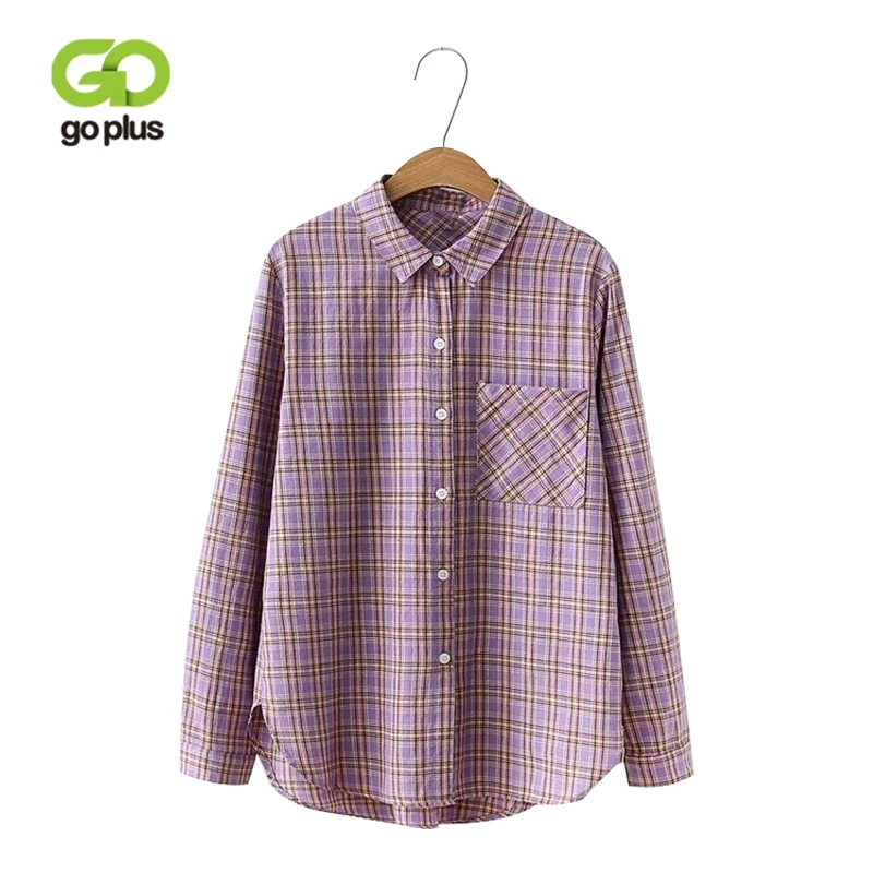 

GOPLUS Cotton Plaid Blouse Womens Vintage Shirts Long Sleeve Ladies Tops Pockets Blusas Mujer De Moda 2019 Autumn Plus Size