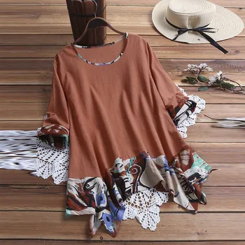 

womens tops and blouses Ethnic Print 3/4 Sleeve O Neck Vintage Irregular womens shirts blusas mujer de moda 2019