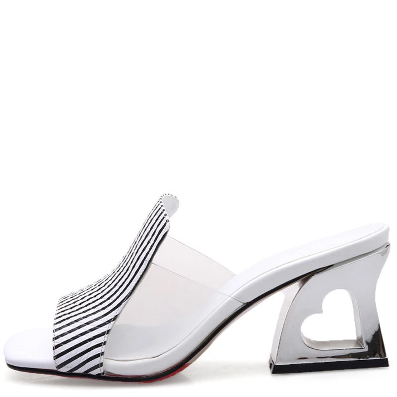 

YECHNE Women's Stripe Slides Sexy Slippers Sandbeach White Green Summer Genuine Leather High Heels Party Wedding Slides 42