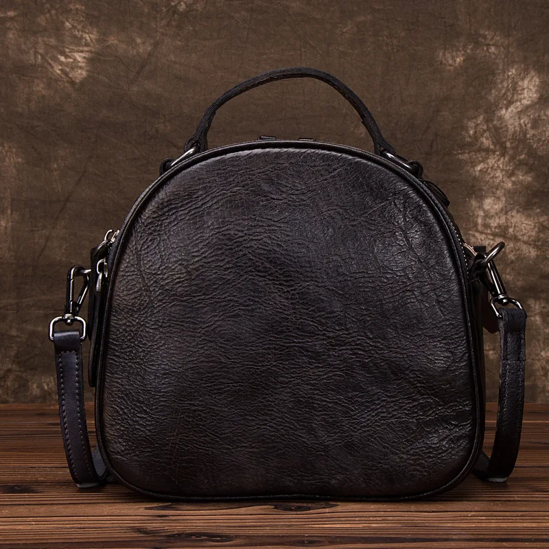 

Women Genuine Leather Circular Top Handle Cross body Bag Retro Simple Tote Handbag Real Cowhide Small Shoulder Messenger Bags