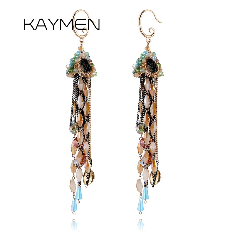 

KAYMEN Handmade Bohemia Style Tassels Drop Dangle Crystal Earrings For Girls, Golden Plated Chains Fashion Earrings EA-04137