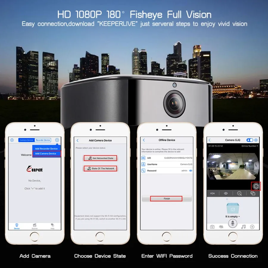 Panoramic 180Degree 1080P HD Wifi IP Camera Built-in Bluetooth4.2 2X5W Stereo Speaker Dual Card for Recording & Playing Free APP_F2