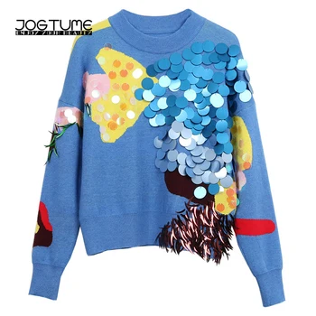 

Women Fashion Sweater Autumn Spring 2018 Mohair Cotton Long Sleeve Dot Sequins Tassel O-neck Ladies Casual Knitted Pullover Blue