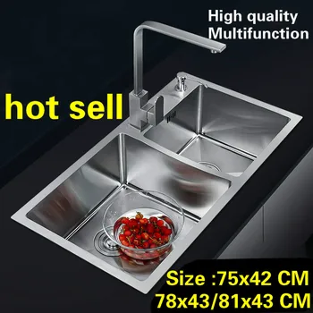 Best Free Shipping Standard Kitchen Manual Sink Double Groove Durable 304 Food Grade Stainless Steel Hot Sell 75x42/78x43/81x43 CM